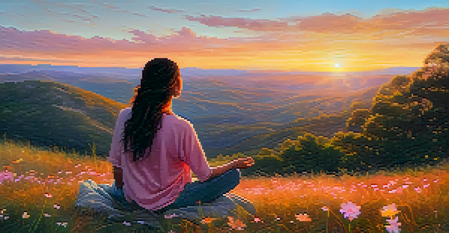 A person meditating on a hillside at sunset, practicing mindfulness with wildflowers around them.