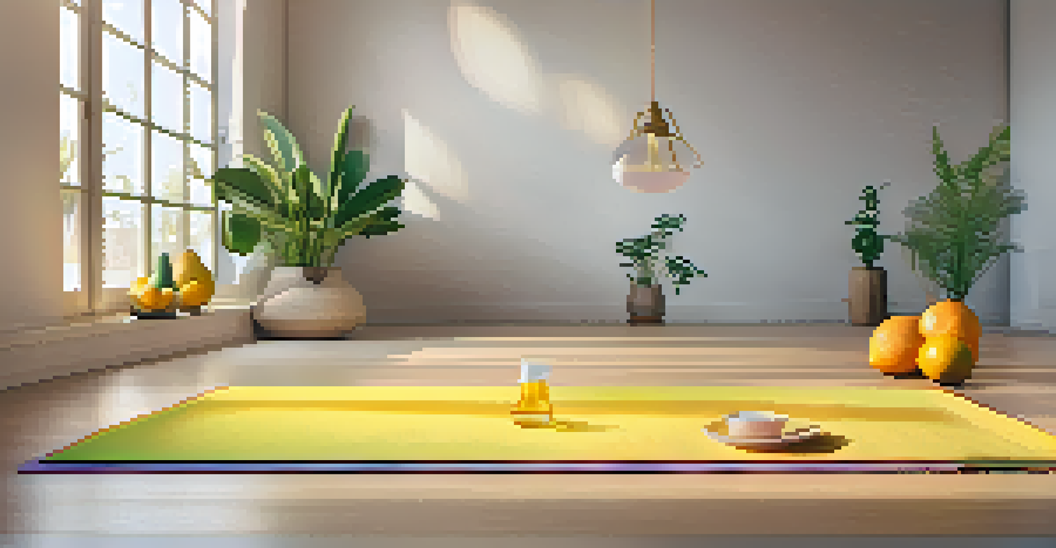 A bright yoga mat in a room filled with citrus-themed decor, with a diffuser producing a yellow mist and colorful fruits.