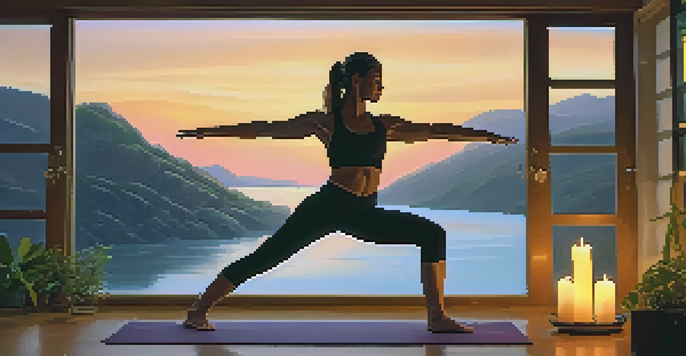 A peaceful yoga studio with warm lighting, plants, and candles. A person practicing Warrior pose while visualizing a mountain landscape.