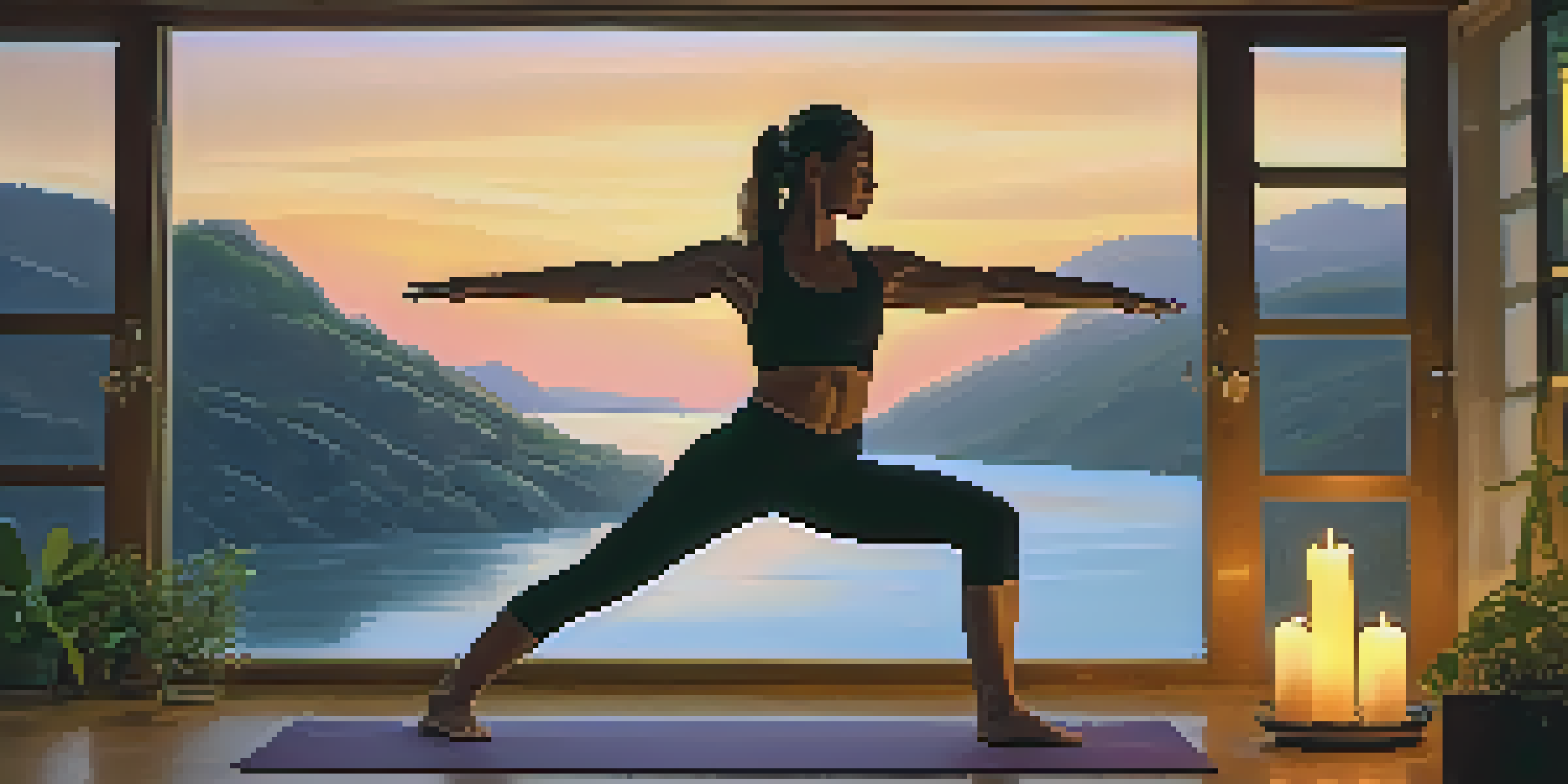 A peaceful yoga studio with warm lighting, plants, and candles. A person practicing Warrior pose while visualizing a mountain landscape.