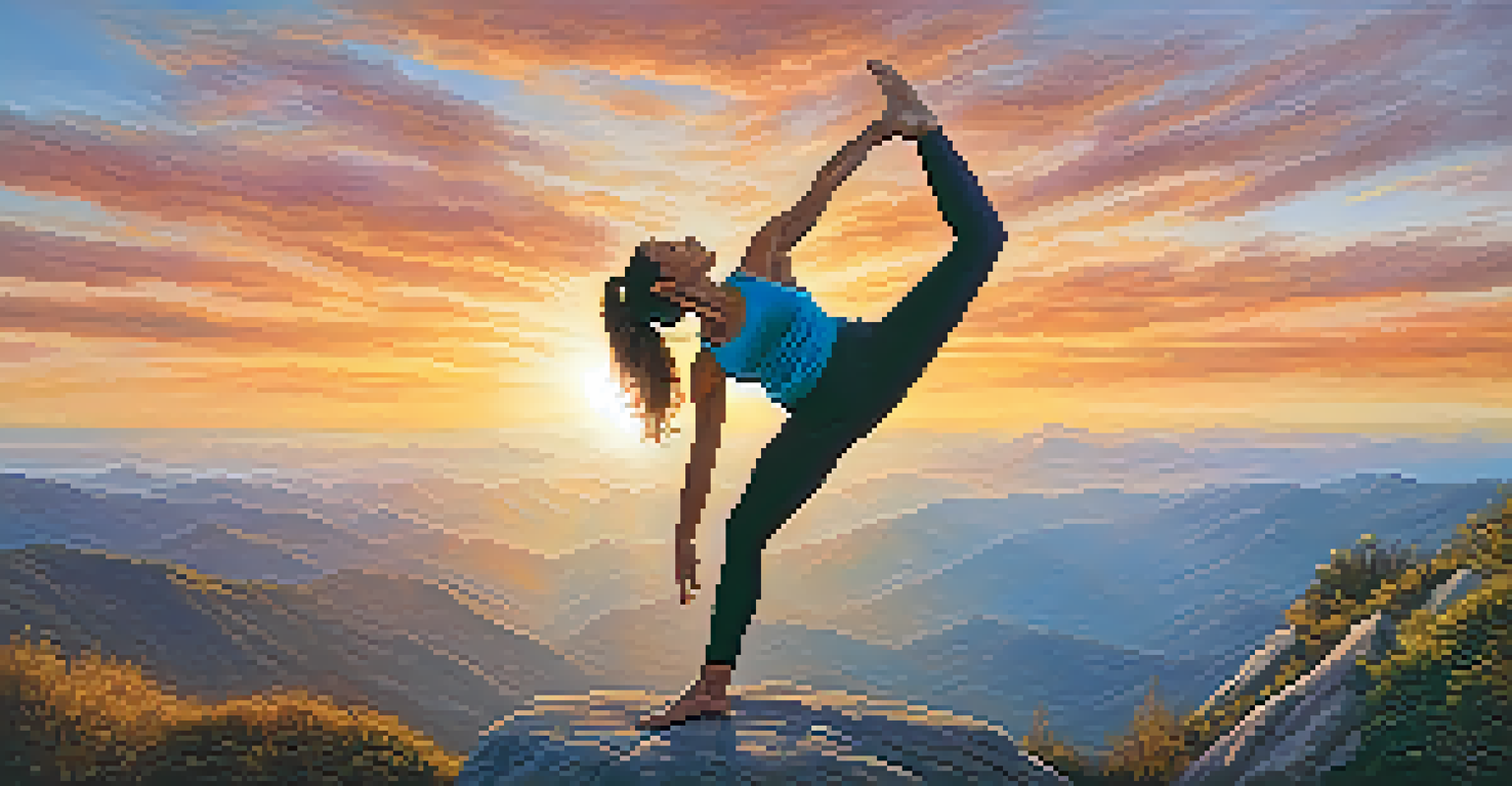 A yoga practitioner performing a challenging pose on a mountain top during sunrise, showcasing strength and personal growth against a vibrant sky.