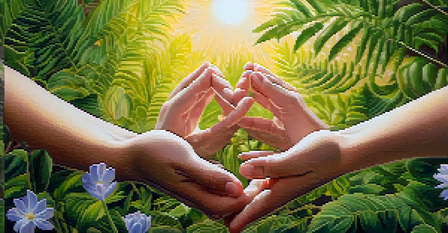 Close-up of hands in a meditation gesture, surrounded by lush greenery and soft light, symbolizing compassion.