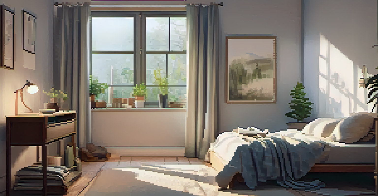 A cozy bedroom with a neatly made bed, a journal and herbal tea on a bedside table, and a rolled-up yoga mat in the corner.