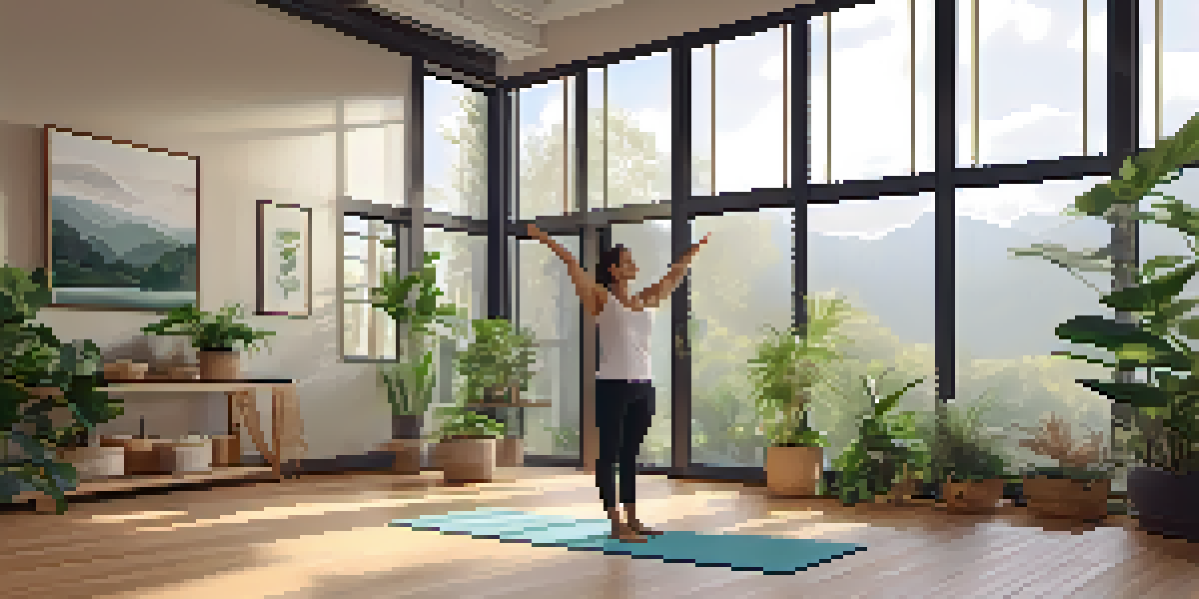 A person practicing Mountain Pose in a bright yoga studio filled with indoor plants and natural light.