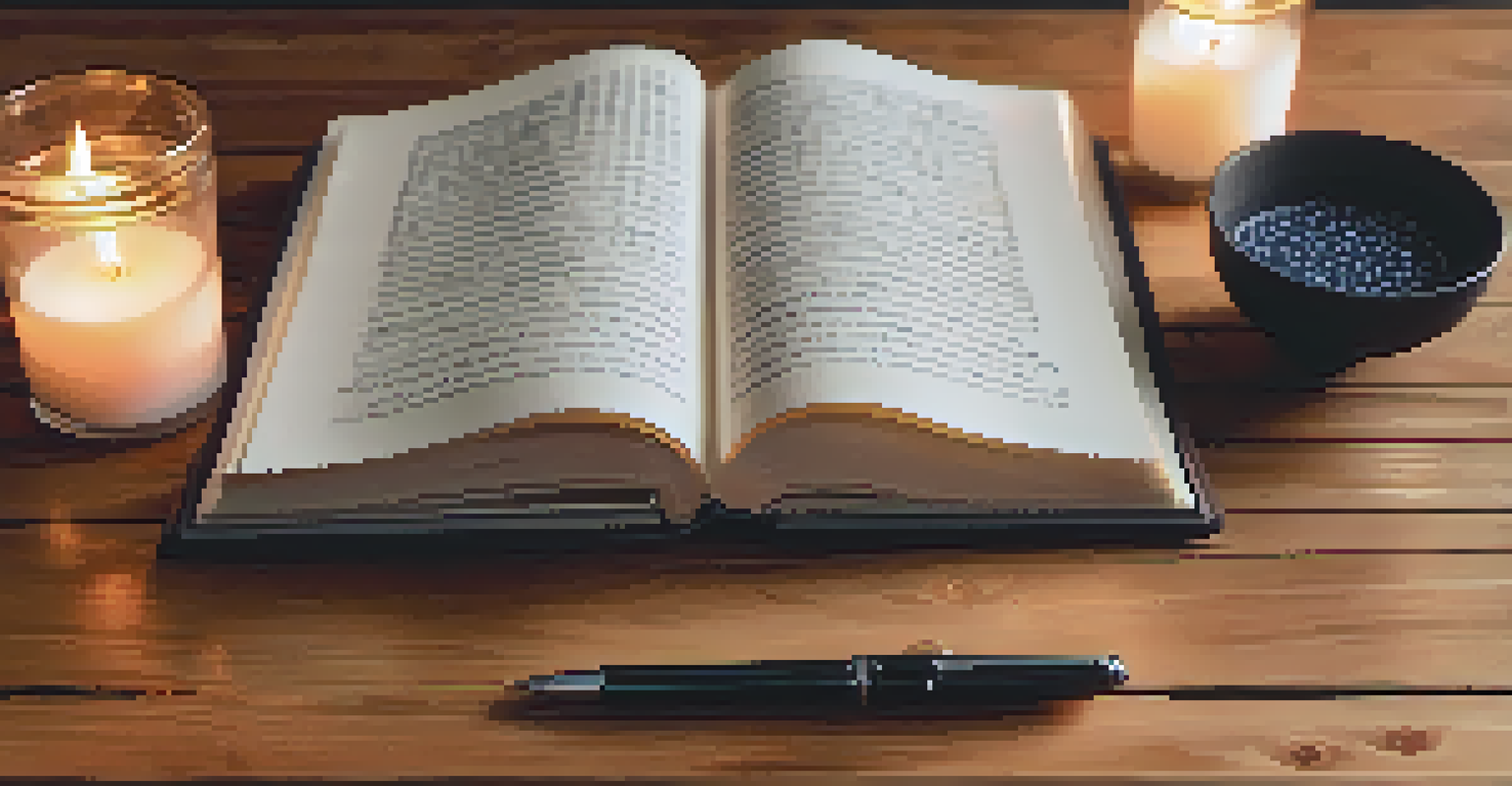An open journal with handwritten notes, a fountain pen, candles, and a potted plant on a wooden table.