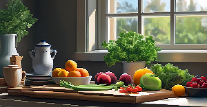 A cozy kitchen with fresh vegetables on a cutting board, warm lighting, and a yoga mat in the background.