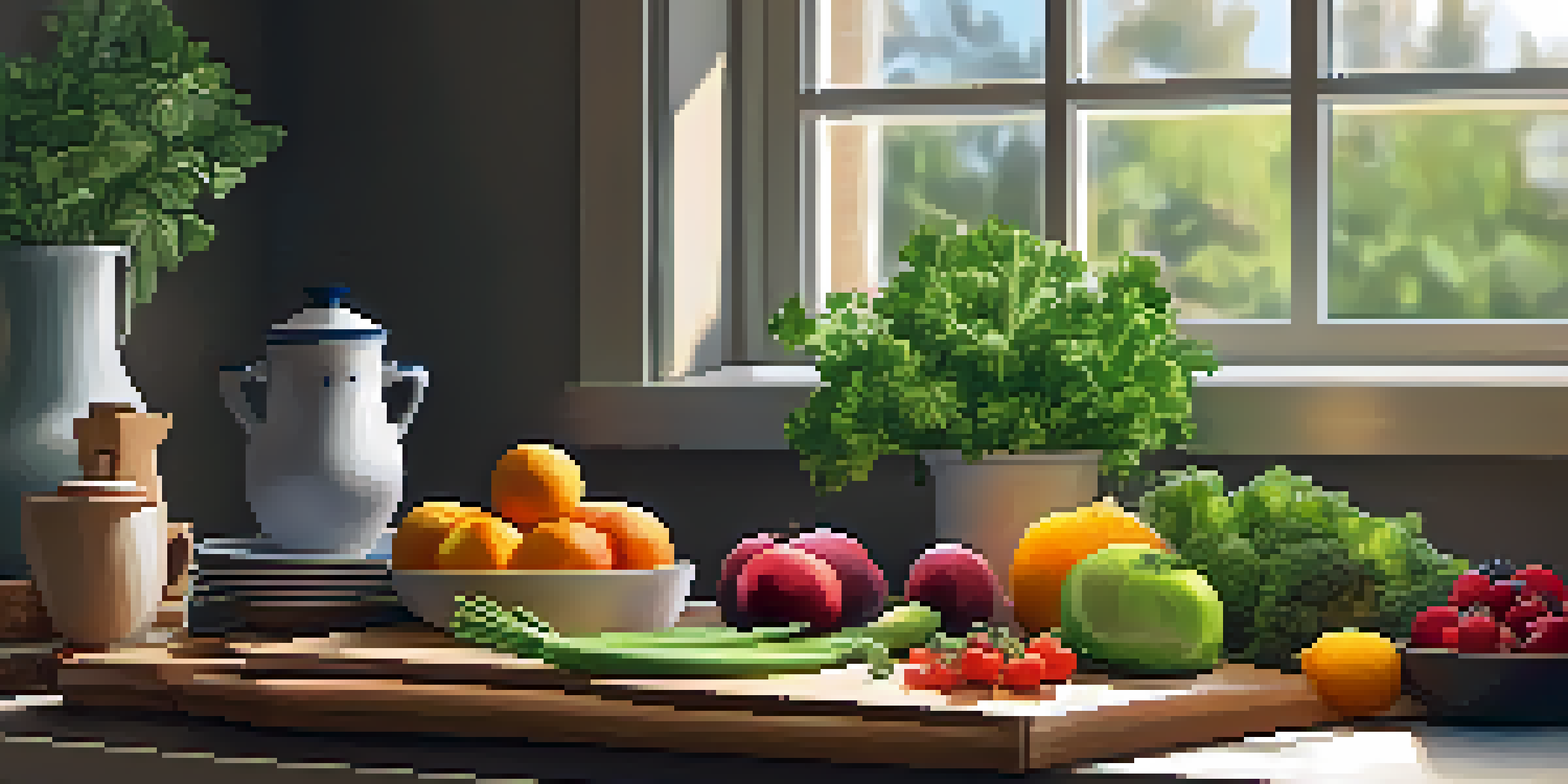 A cozy kitchen with fresh vegetables on a cutting board, warm lighting, and a yoga mat in the background.