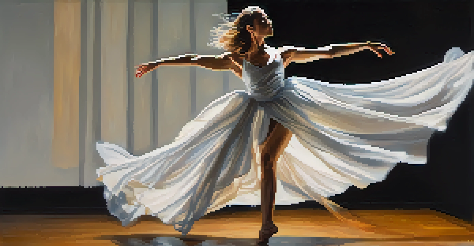 A dancer performing gracefully on a dimly lit stage, highlighting their movements with dramatic lighting.