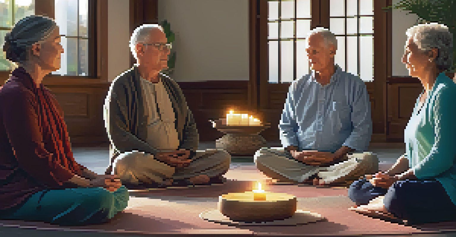 A group of older adults meditating together in a warm, cozy room with soft lighting and calming decor.