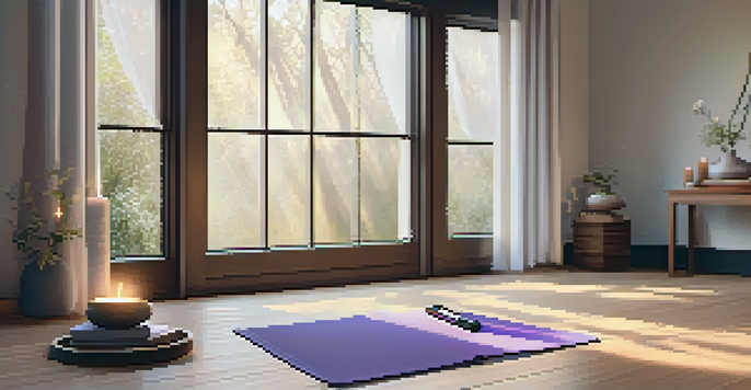 An inviting yoga space with a mat, candles, and soft lighting for meditation practice.