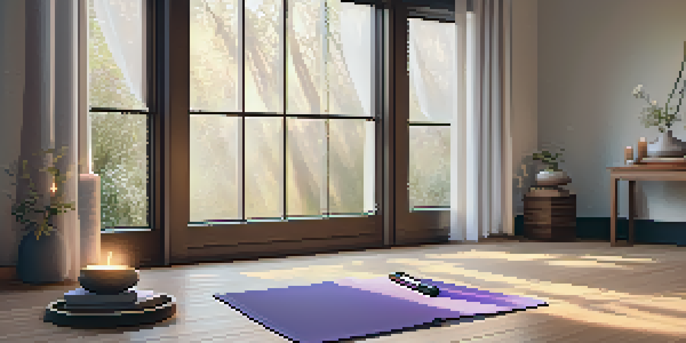 An inviting yoga space with a mat, candles, and soft lighting for meditation practice.
