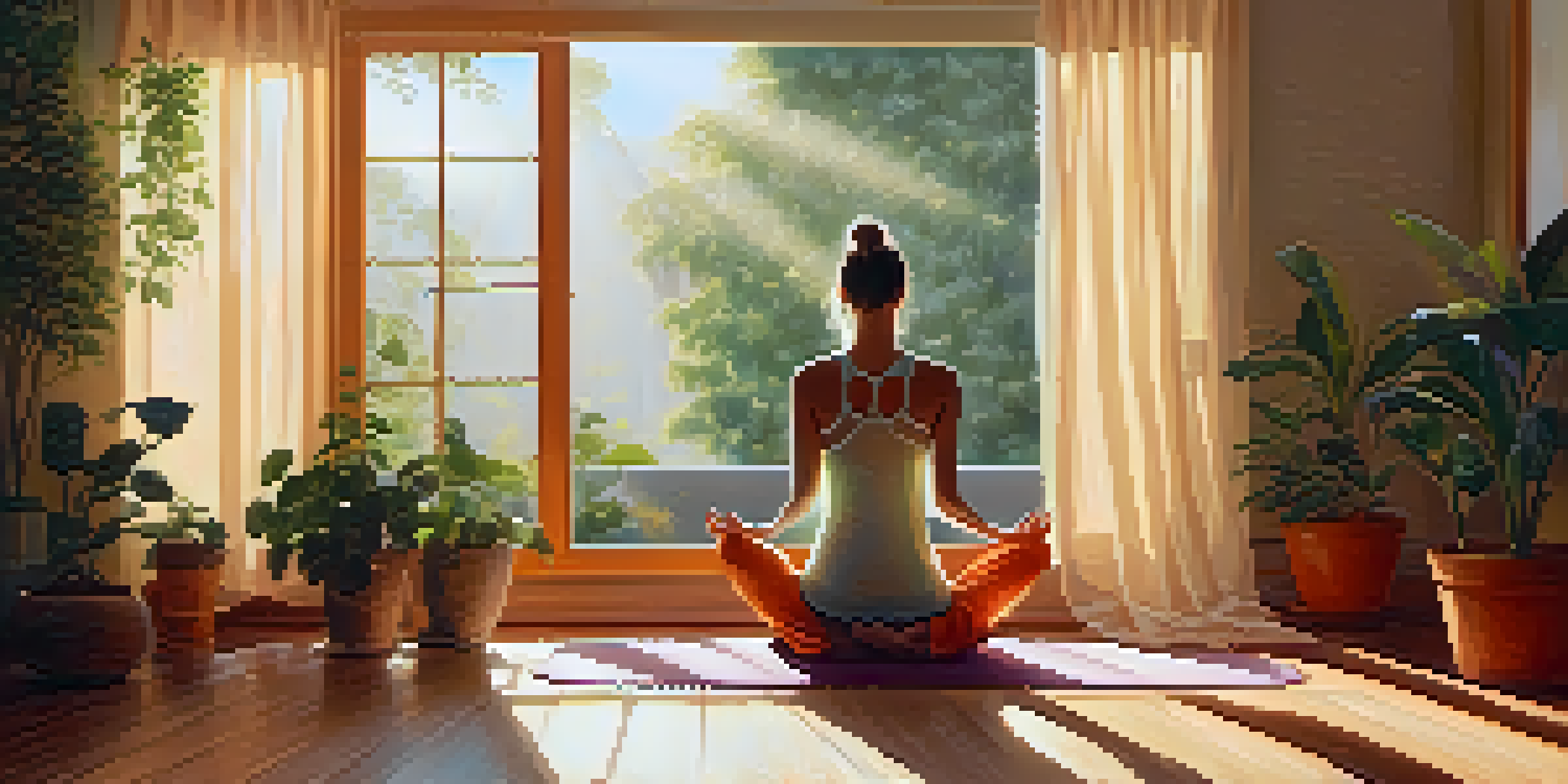 A person practicing yoga in Downward Dog pose in a sunlit room with plants.