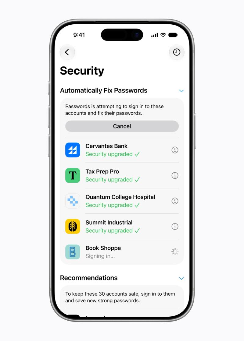 iPhone-Screenshot der neuen Apple-Intelligence-Funktion „Automatically Fix Passwords": Siri AI meldet sich automatisch bei Konten an und ersetzt schwache Passwörter