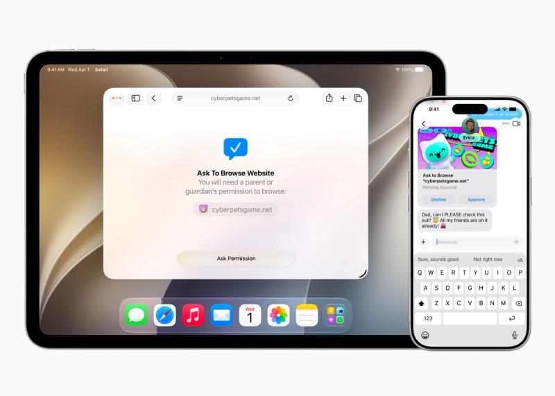 Auf dem iPad fragt Safari nach der Erlaubnis der Eltern für eine Webseite, auf dem iPhone erscheint die Anfrage des Kindes in Nachrichten mit den Optionen Ablehnen und Genehmigen