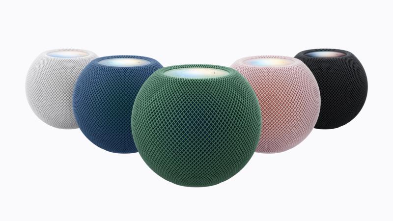 Fünf HomePod mini 2 in Weiß, Blau, Grün, Pink und Mitternacht