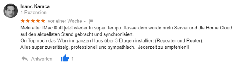 Screenshot einer Kundenbewertung zu einem iMac-Upgrade