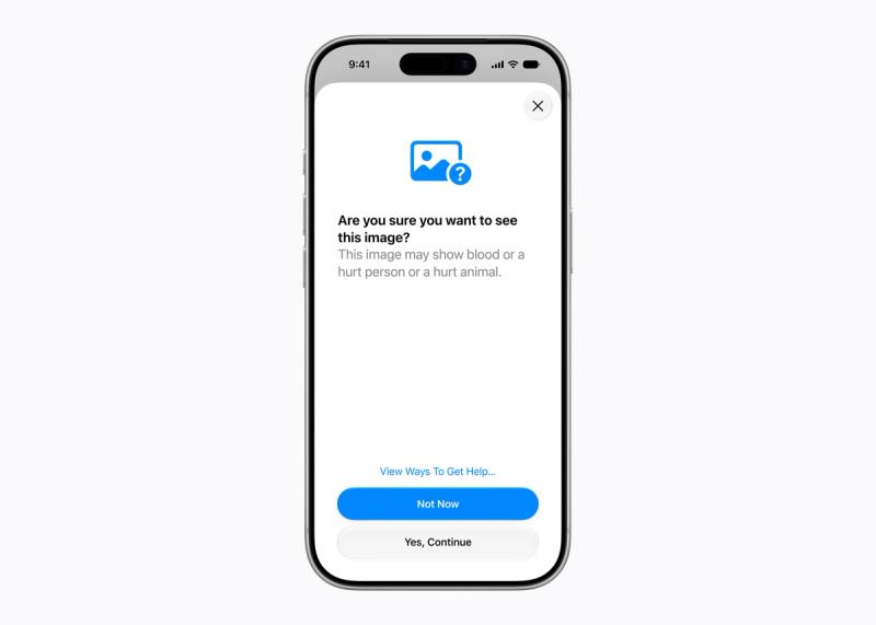 Communication-Safety-Warnung auf dem iPhone: Ein Bild wird unkenntlich gemacht mit dem Hinweis, dass es Blut oder eine verletzte Person zeigen könnte, dazu ein Link zu Hilfsangeboten