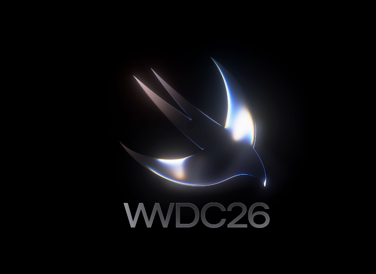 Quelle: Apple, Offizielles WWDC26-Keyvisual von Apple: metallisch glänzende Swift-Schwalbe auf schwarzem Hintergrund