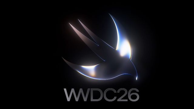 Quelle: Apple, Offizielles WWDC26-Keyvisual von Apple: metallisch glänzende Swift-Schwalbe auf schwarzem Hintergrund