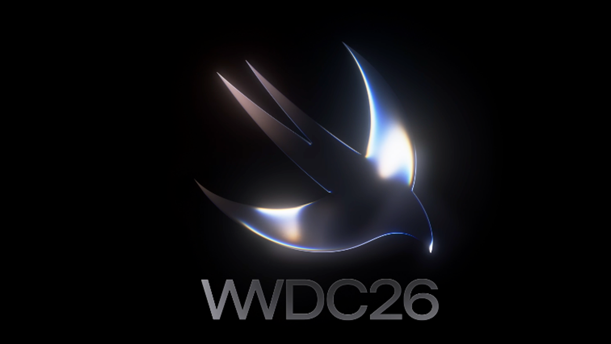 Quelle: Apple, Offizielles WWDC26-Keyvisual von Apple: metallisch glänzende Swift-Schwalbe auf schwarzem Hintergrund