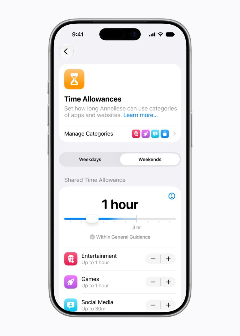 iPhone-Einstellungen für Time Allowances mit Zeitkontingenten pro App-Kategorie: eine Stunde für Entertainment, eine Stunde für Spiele, 30 Minuten für Social Media