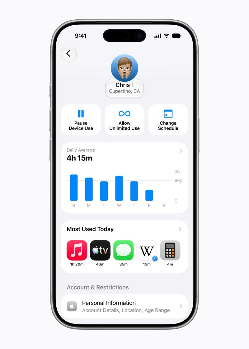 Das neu gestaltete Screen-Time-Dashboard auf dem iPhone zeigt die tägliche Nutzungsdauer eines Kinderkontos als Balkendiagramm und die meistgenutzten Apps des Tages