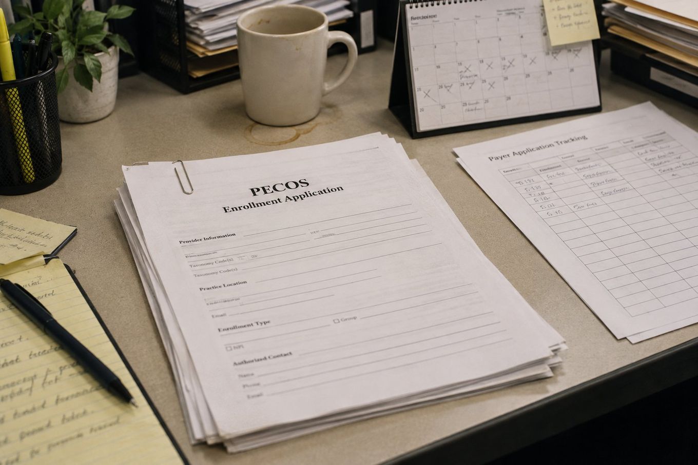 Desk with PECOS enrollment application, payer tracking form, calendar, pens, and coffee mug.
