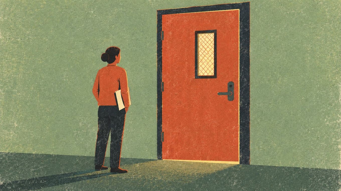 Risograph-style illustration of a figure facing a large closed door with a small lit window, symbolizing a closed insurance panel