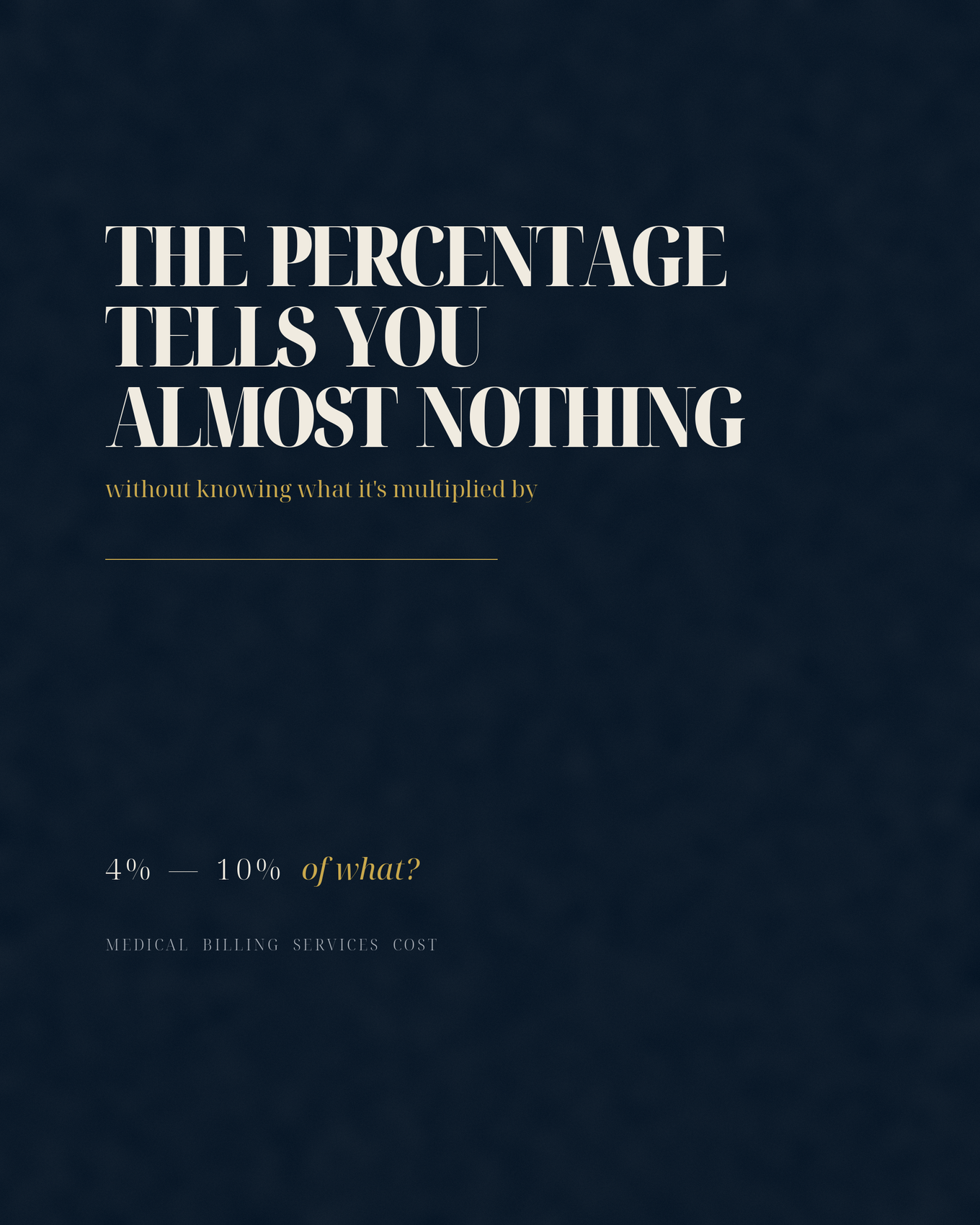 Editorial poster with headline 'The Percentage Tells You Almost Nothing' on a dark navy background, with the subline 'without knowing what it's multiplied by' and the phrase '4% - 10% of what?' in muted gold