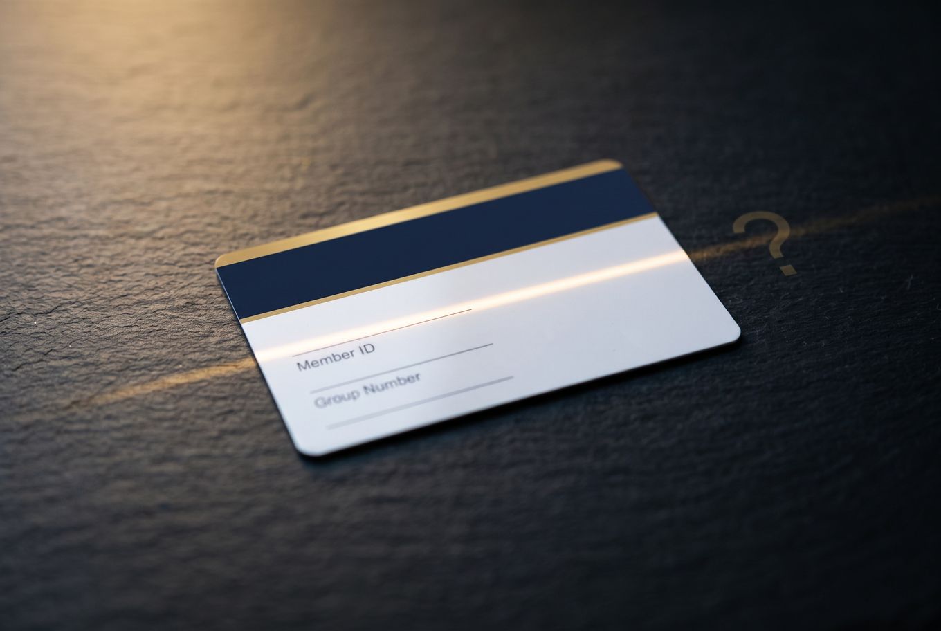 Close-up of a generic health insurance card on a dark surface with a thin line of golden light, suggesting the card alone does not contain the answer