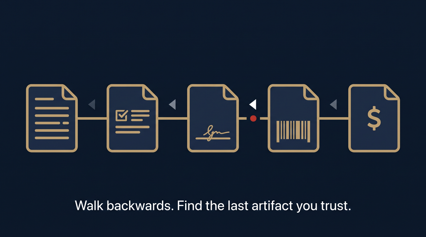 Conceptual illustration of walking backwards along a chain of billing documents to find the broken link
