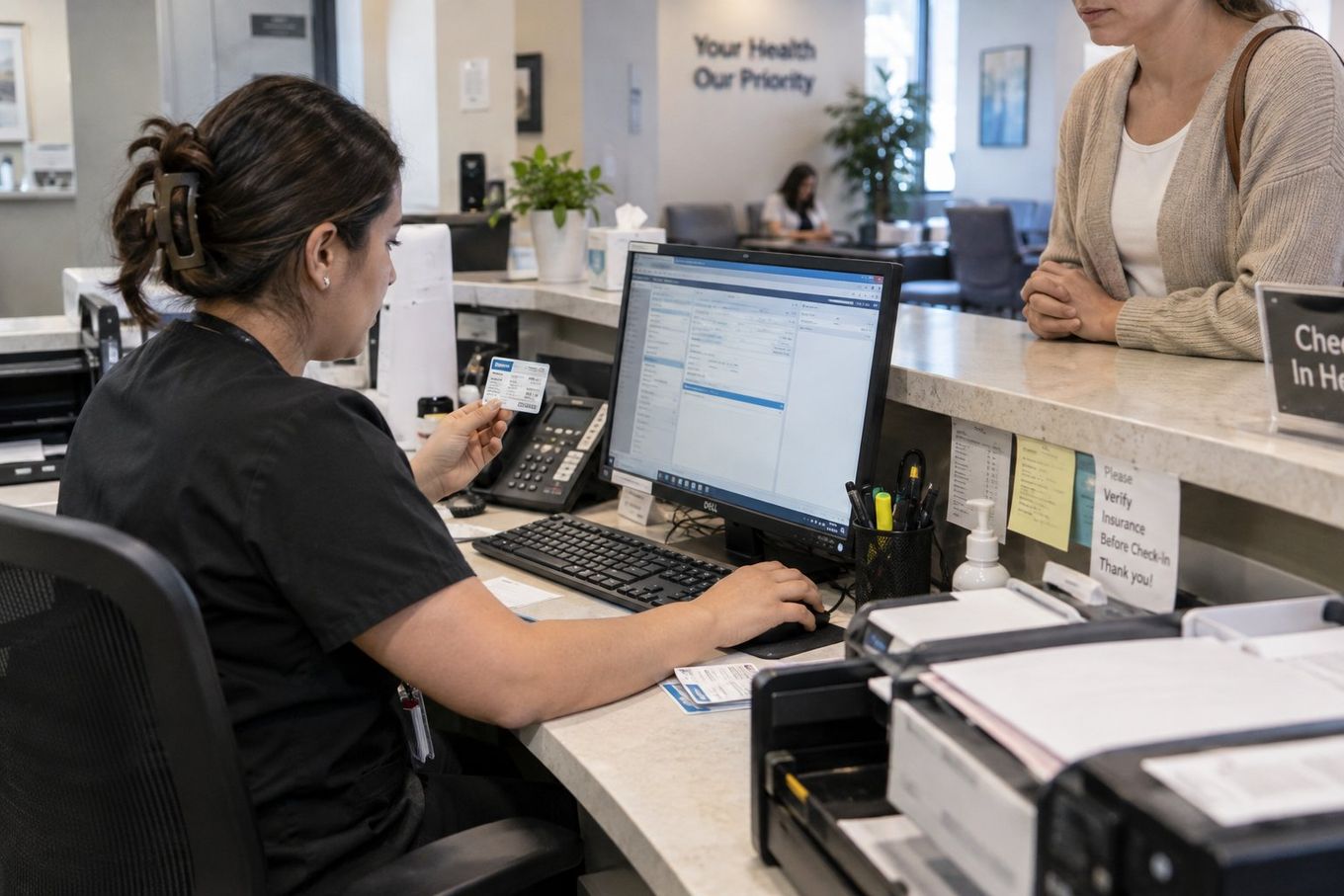 A medical receptionist holds an insurance card and types on a computer, assisting a patient at the front desk.