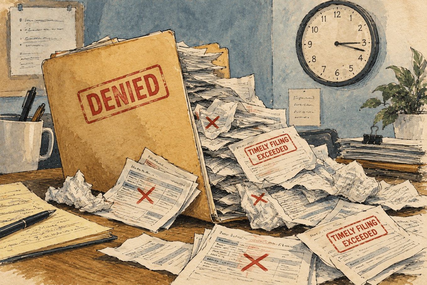 A cluttered desk with a folder stamped 'DENIED', overflowing with crumpled papers and rejected claims.
