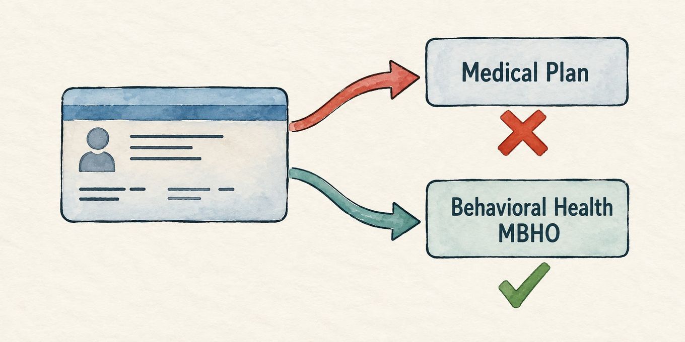 Illustration showing a health insurance card splitting into two paths: one to the Medical Plan with a red X, one to the Behavioral Health MBHO with a green checkmark