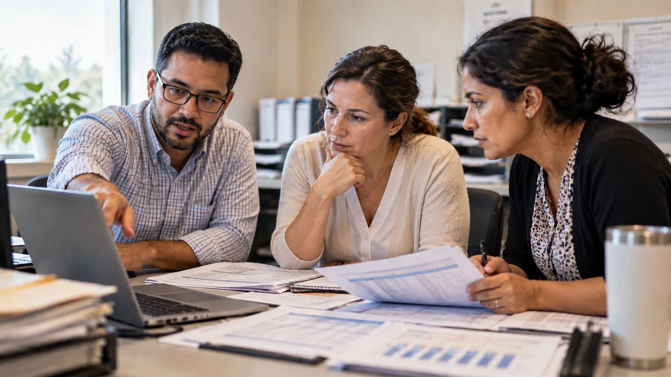 Two or three healthcare billing professionals reviewing printed aging reports and a laptop together