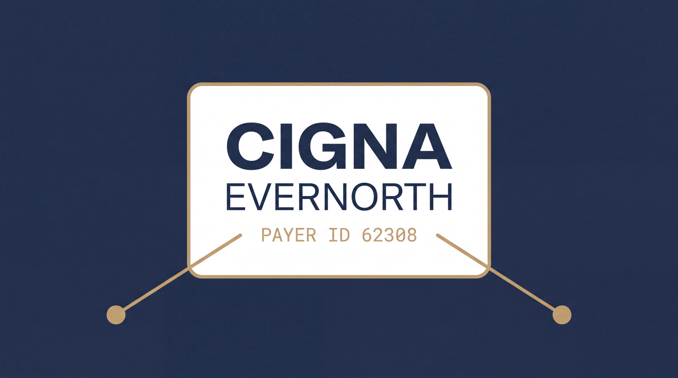 Editorial graphic: one insurance card with Cigna and Evernorth names, two diverging claim paths, payer ID 62308