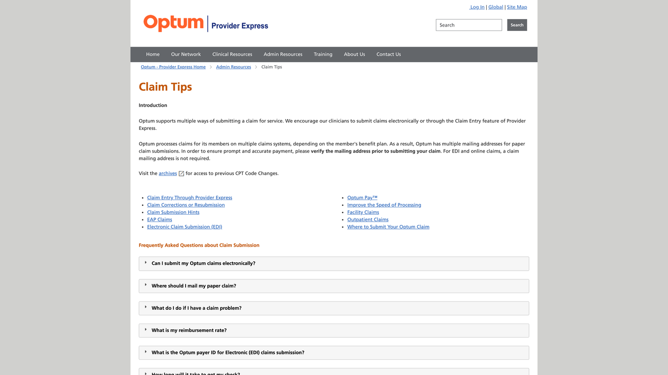 Optum Provider Express Claim Tips page stating Optum processes claims on multiple systems with multiple mailing addresses