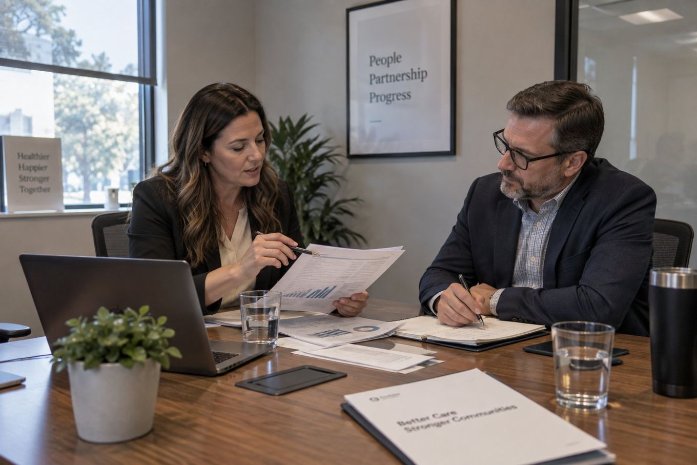 Two business professionals discussing documents and taking notes at a modern office table.