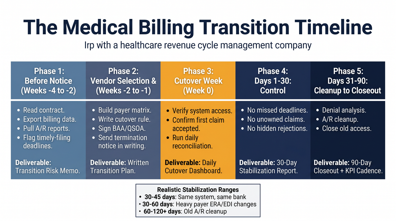 30-60-90 day medical billing transition timeline with five phases and deliverables for each phase