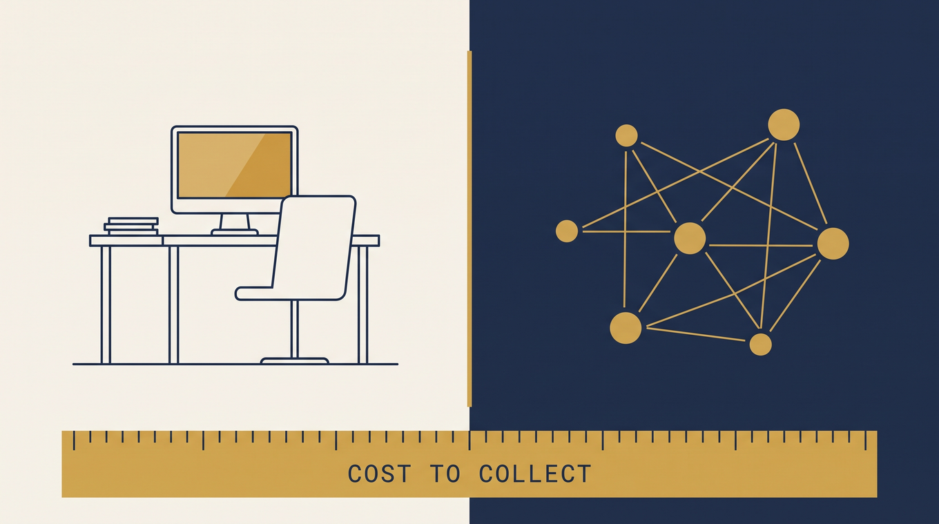 Editorial illustration comparing in-house vs outsourced medical billing on the same cost-to-collect measurement