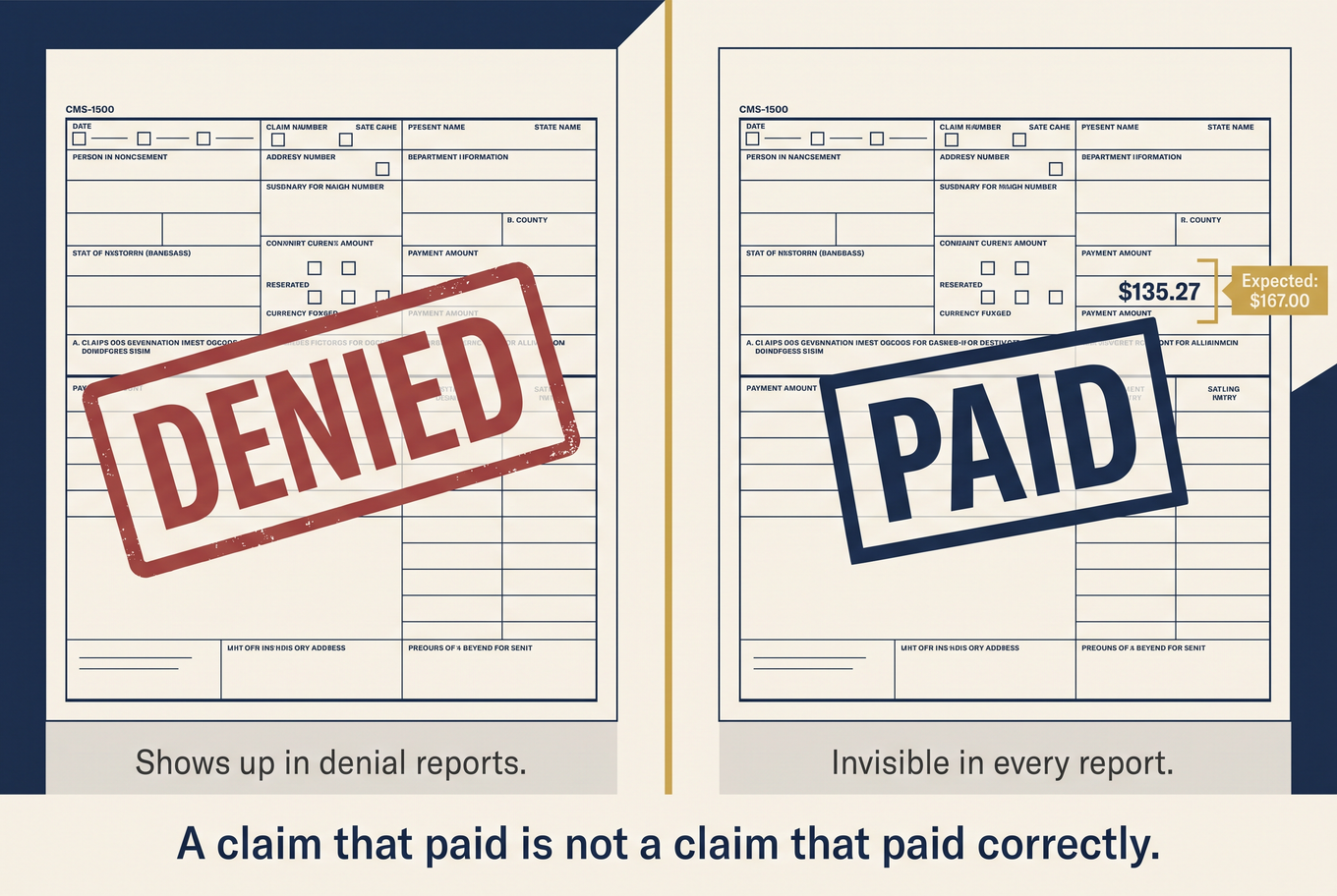Editorial illustration comparing denied claims vs silently underpaid telehealth claims