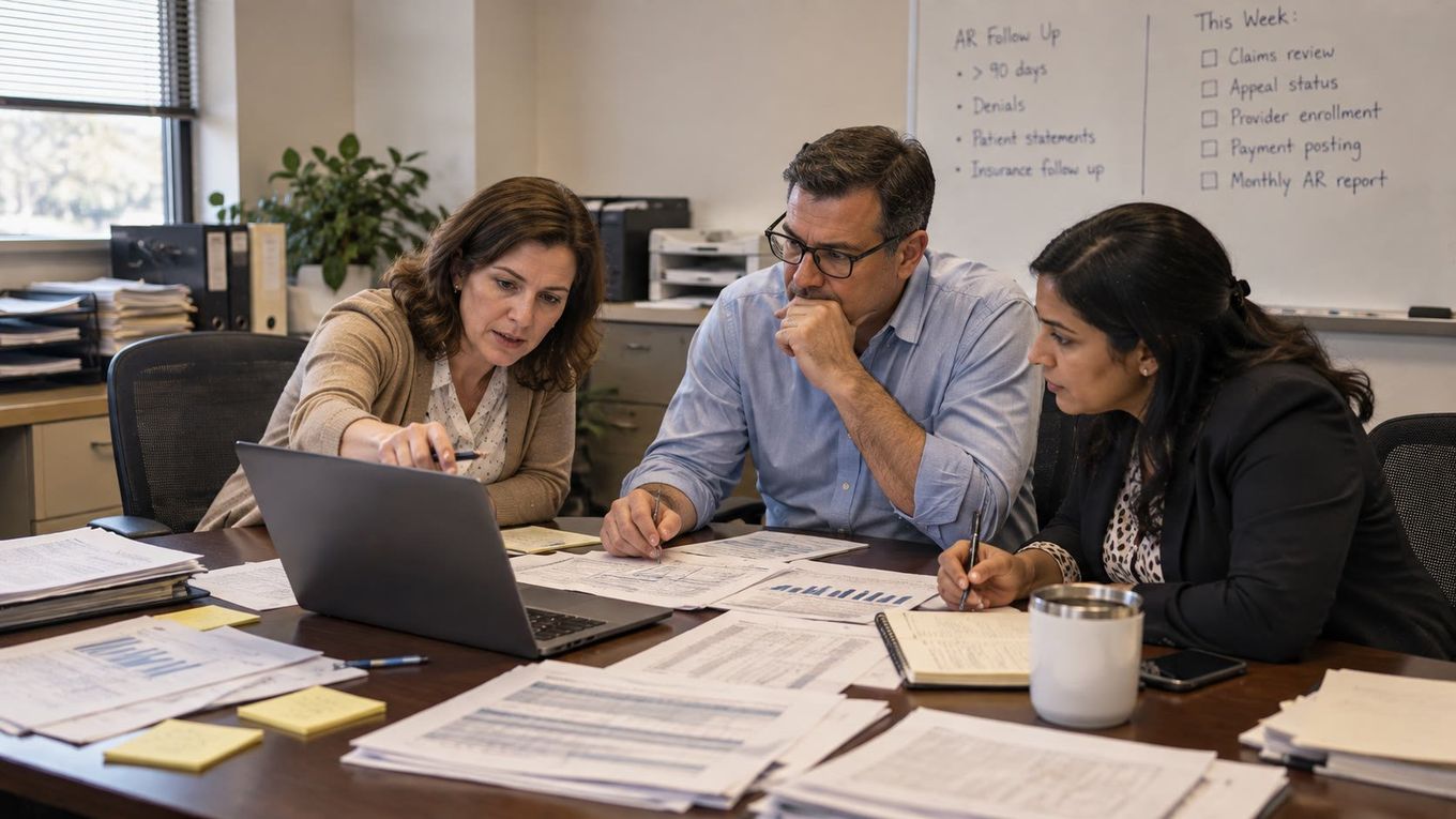 Candid documentary photograph of three healthcare billing team members reviewing printed reports and a laptop together around a conference table