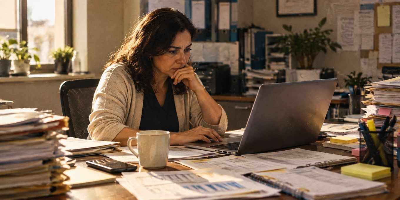 Documentary-style photograph of a billing manager at a desk with laptop, printed reports, and a mug, in natural office light