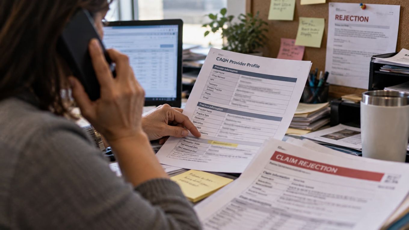 A practice manager reviewing a stack of paperwork at a cluttered healthcare office desk, spreadsheet visible on the monitor behind her