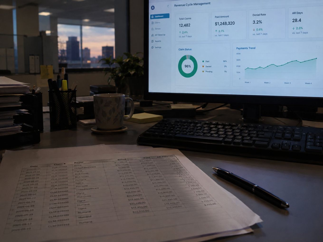 A desk with a computer displaying revenue cycle management data, a document, and office supplies.