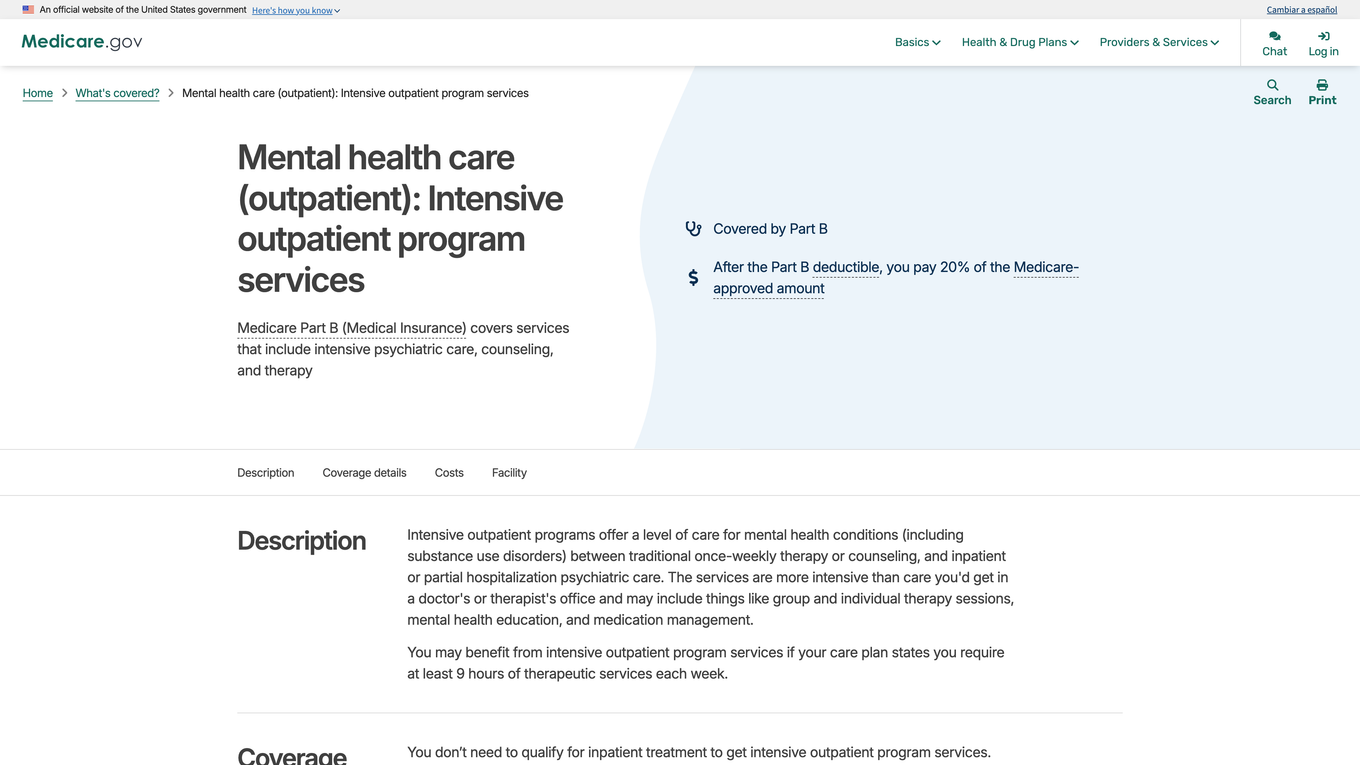 Medicare.gov IOP coverage page showing Part B coverage and the at-least-9-hours-per-week plan requirement