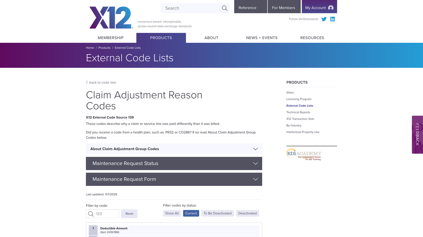 X12 Claim Adjustment Reason Codes page, the canonical list explaining why a claim line paid differently than billed