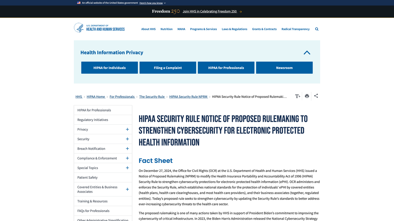 HHS fact sheet headed HIPAA Security Rule Notice of Proposed Rulemaking to strengthen cybersecurity for ePHI