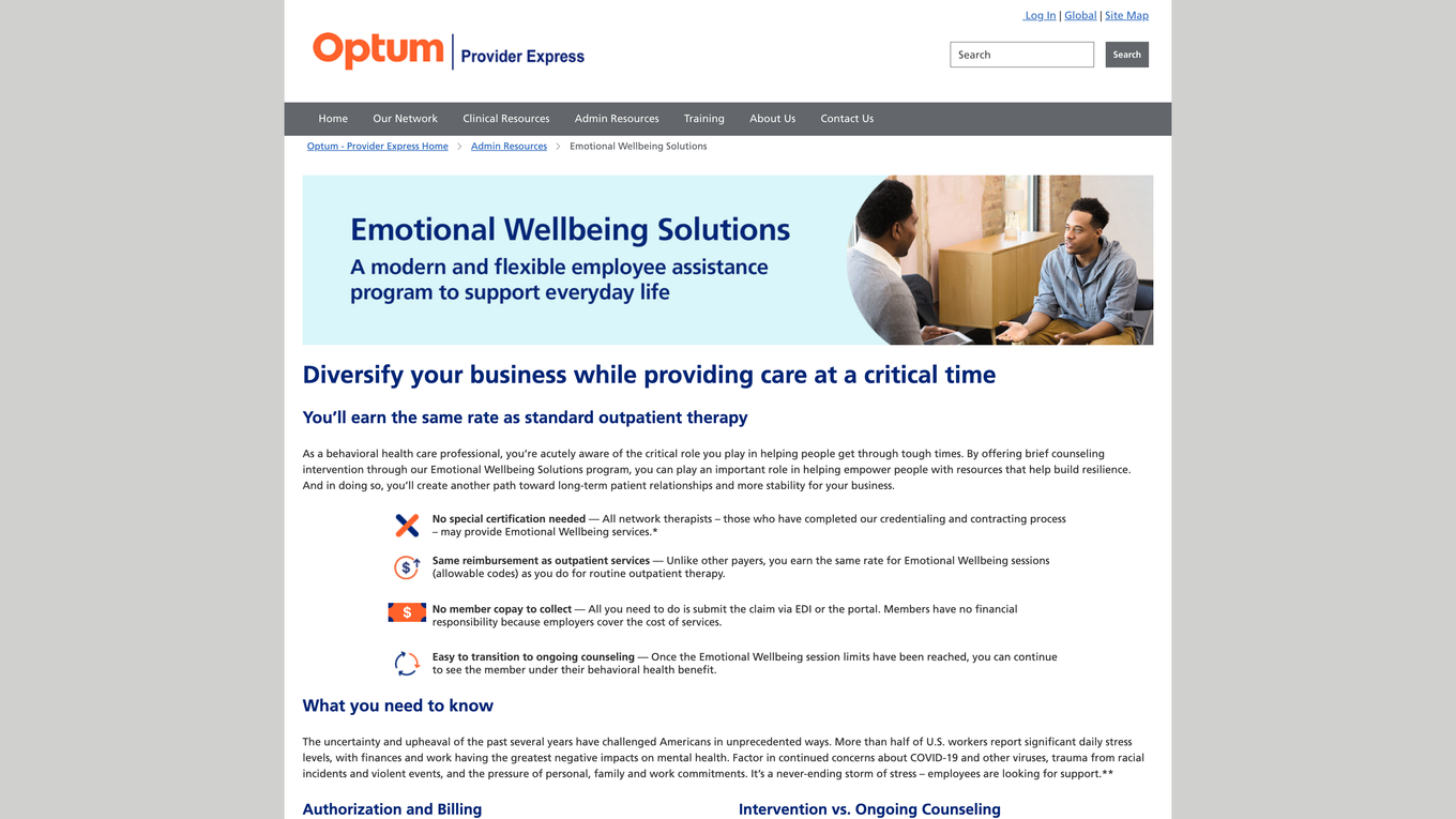 Optum Emotional Wellbeing Solutions provider page showing no special certification, same outpatient rate and no member copay