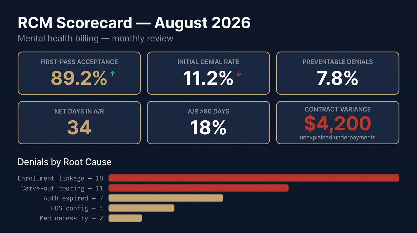 Mental health RCM scorecard dashboard mockup with KPI tiles and denials by root cause bar chart